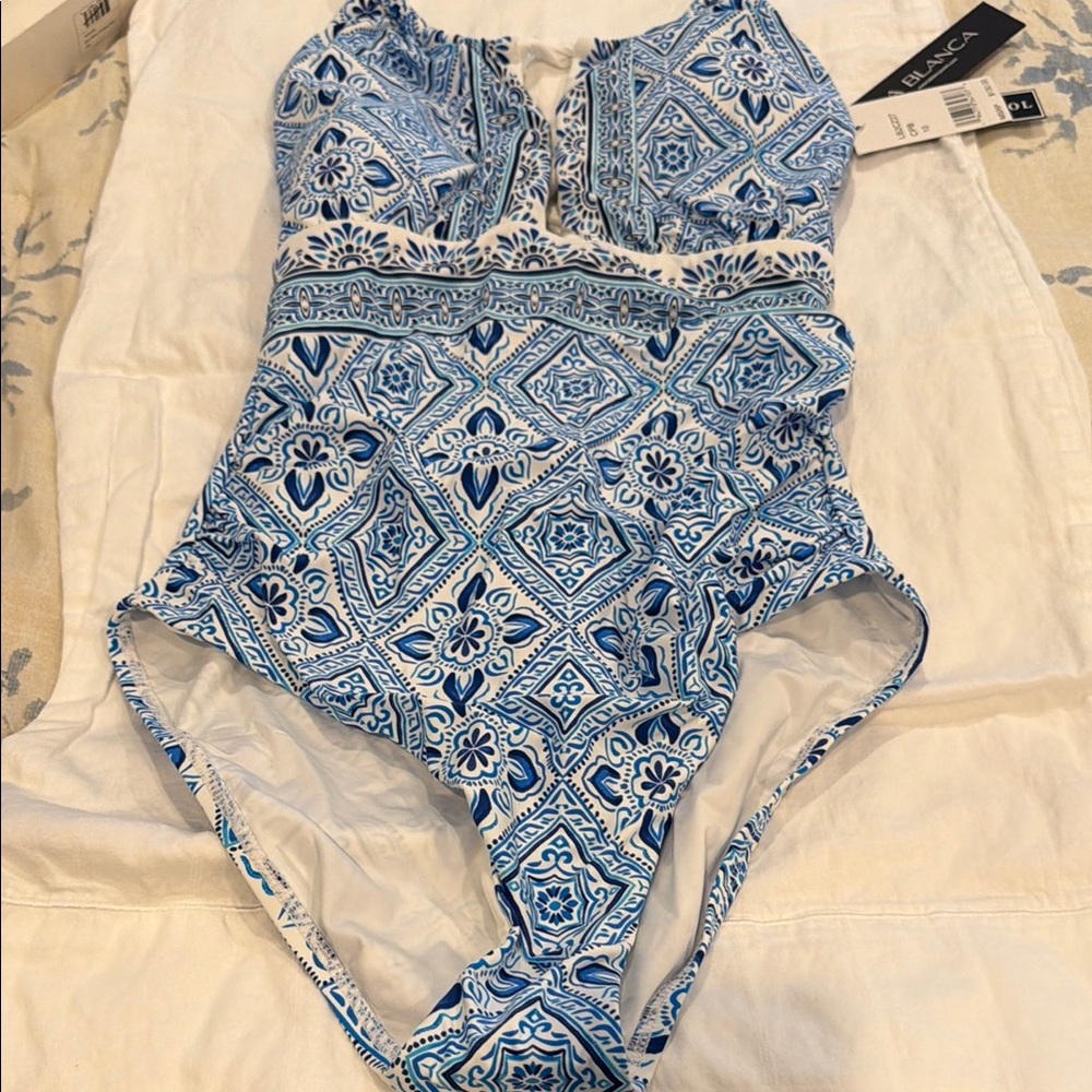 La Blanca Blue & White Tile-Pattern One-Piece Swimsuit